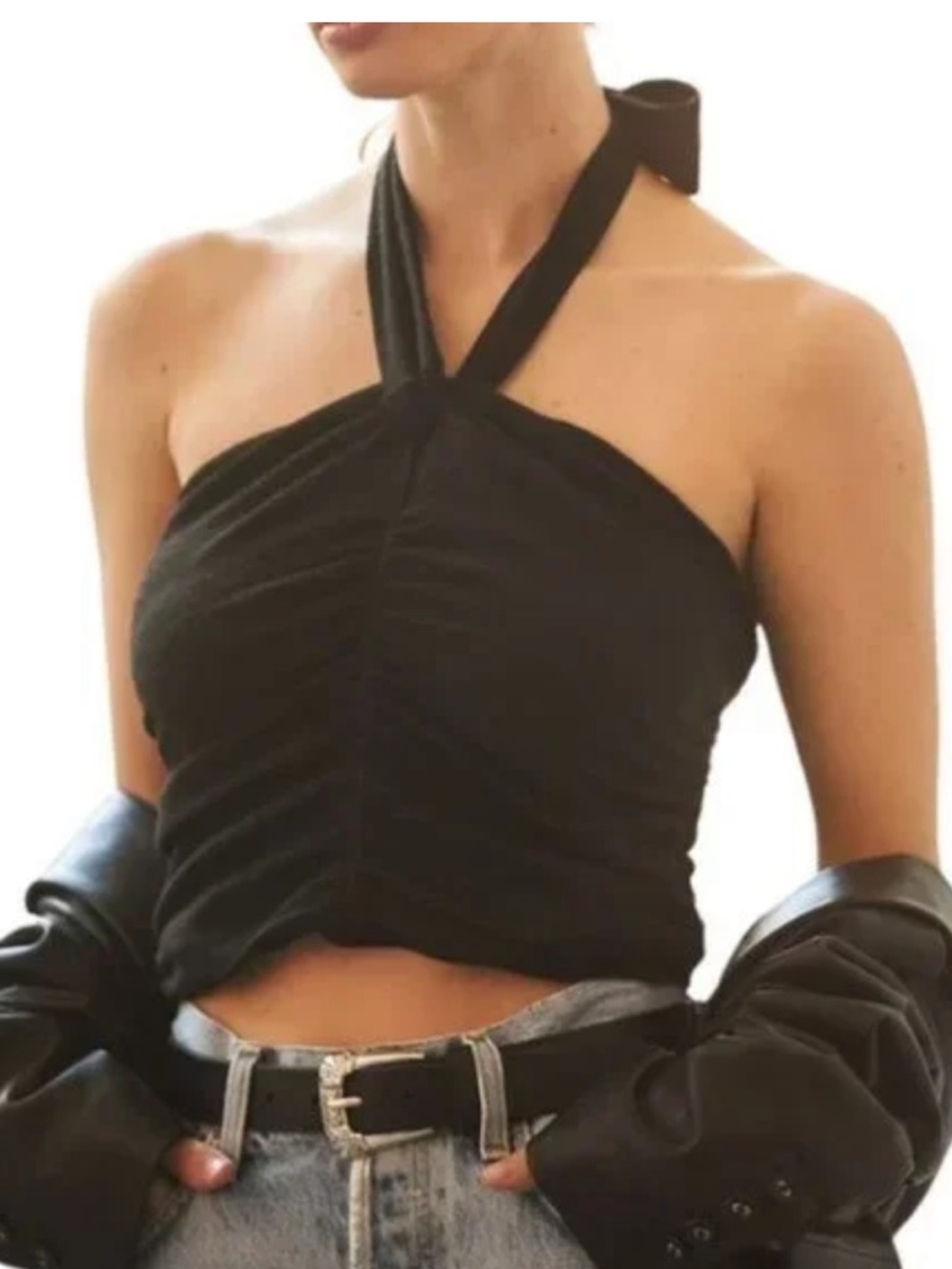 En Elly Anthropologie NWT Black Halter Ruched Crop Top